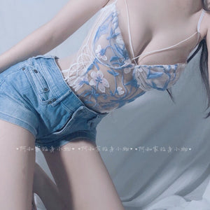 2021 Sexy Korea Women Fashion Blue Flower Embroidery Skinny Lace Mesh Hot Girl Female Bodysuit Rompers Girl Female QAQ8