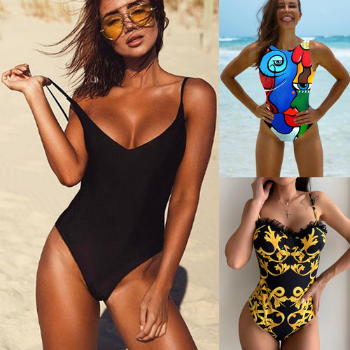 2021 Sexy One Piece Swimsuit Women Swimwear Female Solid Black Thong Backless Monokini Bathing Suit XL