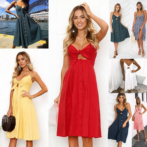 2021 Sexy Spaghetti Straps Backless Women's Hollow Out Bow Dress Summer Fashion Casual Buttons Solid A Line Ladies Elegant Dress