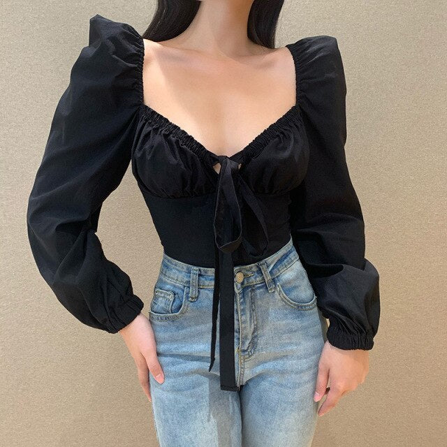 2021 Smmer New Style V Neck Slim Fashion French Temperament Solid Color Personality Sexy Puffy Long Sleeved Women's Top