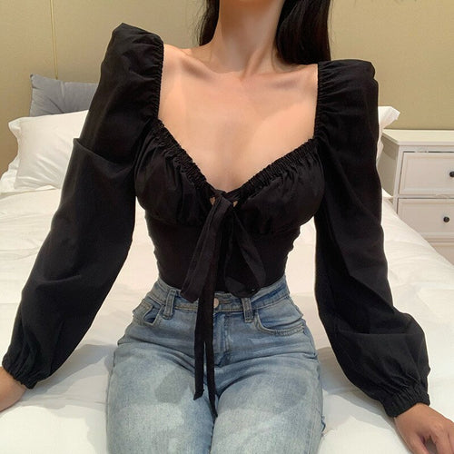 2021 Smmer New Style V Neck Slim Fashion French Temperament Solid Color Personality Sexy Puffy Long Sleeved Women's Top