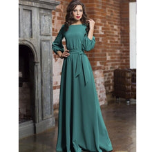 Load image into Gallery viewer, 2021 Sping Summer Vintage Solid Lantern Sleeve Maxi Long Dress Ladies O Neck Elegant Party Dress Women Casual Bow Sashes Dress