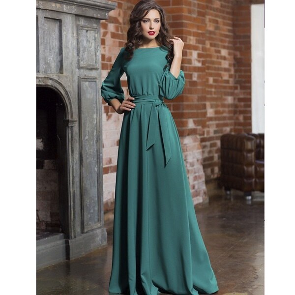 2021 Sping Summer Vintage Solid Lantern Sleeve Maxi Long Dress Ladies O Neck Elegant Party Dress Women Casual Bow Sashes Dress