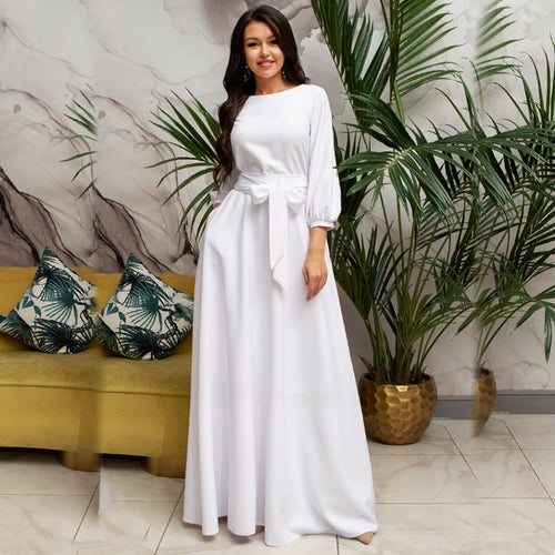 2021 Sping Summer Vintage Solid Lantern Sleeve Maxi Long Dress Ladies O Neck Elegant Party Dress Women Casual Bow Sashes Dress