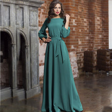 Load image into Gallery viewer, 2021 Sping Summer Vintage Solid Lantern Sleeve Maxi Long Dress Ladies O Neck Elegant Party Dress Women Casual Bow Sashes Dress