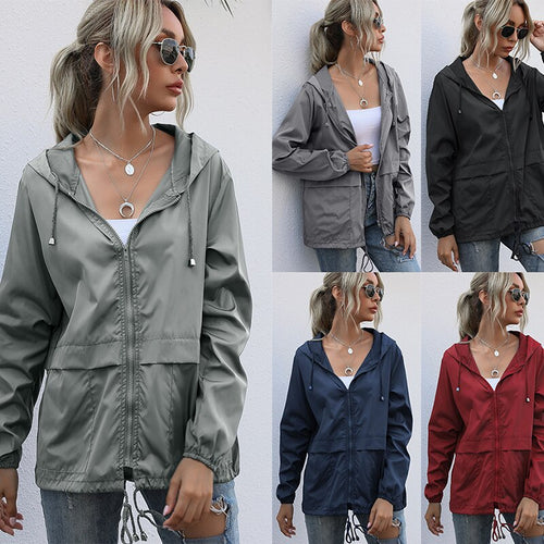 2021 Spring And Autumn New Women's Fashion Casual Solid Zippers Drawstring Hooded Collar Long Sleeve Pockets Jacket Ladies Loose