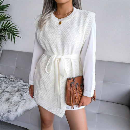 2021 Spring Autumn Elegant Commute Tie-Up Belt Mini Dress Fashion Sleeveless Vest Dress Women O-Neck Knit Solid Tank Slit Dress
