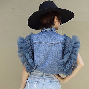 2021 Spring Cropped Fringe Denim Jacket Waistcoat Jeans Women Patchwork Blue Oversized Crop Sequin Coat Gothic Jean Jackets