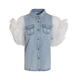 2021 Spring Cropped Fringe Denim Jacket Waistcoat Jeans Women Patchwork Blue Oversized Crop Sequin Coat Gothic Jean Jackets