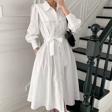 Load image into Gallery viewer, 2021 Spring Elegant Rivet Shirts Dress Vestidos Women Clothing Vintage Single-breasted OL Work Lace Up Casual Dresses Female