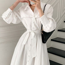 Load image into Gallery viewer, 2021 Spring Elegant Rivet Shirts Dress Vestidos Women Clothing Vintage Single-breasted OL Work Lace Up Casual Dresses Female