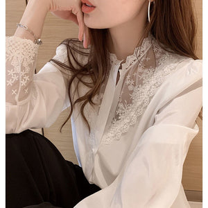 2021 Spring Fashion Button Up Lace Shirt Vintage Blouse Women White Black Lady Long Sleeves Female Loose Street Shirts Oversized
