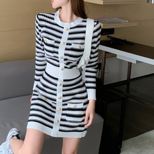 2021 Spring Fashion Stripe Knitted Women Mini Dress Ladies Vintage Single-breasted Bodycon Dress