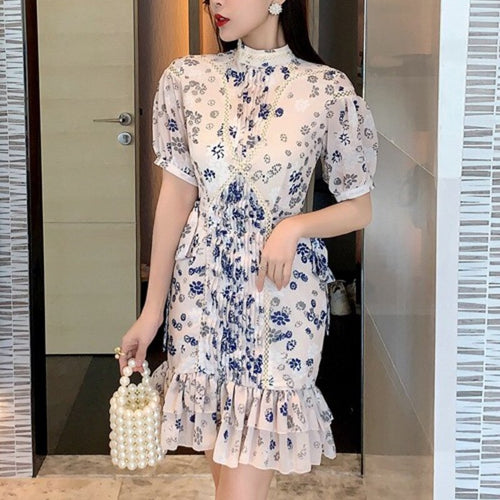 2021 Spring French Niche Blue And White Porcelain Lady Robes Temperament Goddess Waist And Thin Puff Sleeve Floral Dress Vestido