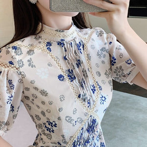 2021 Spring French Niche Blue And White Porcelain Lady Robes Temperament Goddess Waist And Thin Puff Sleeve Floral Dress Vestido
