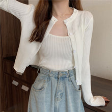 Load image into Gallery viewer, 2021 Spring Knitted Suit Casual Fashion Single-Breasted Long-Sleeve Cardigan And Short Sling Vest Two-Piece Set Femme