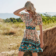 Load image into Gallery viewer, 2021 Spring New Bohemia Floral Dress Women Casual V Neck High Waist Short Sleeve Print Dress For Women Fashion Summer Dress