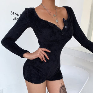 2021 Spring New Fleece Bodysuit Women Sexy Solid Button Full Sleeve Rompers Ladies Summer Cosy Bodysuit Tops