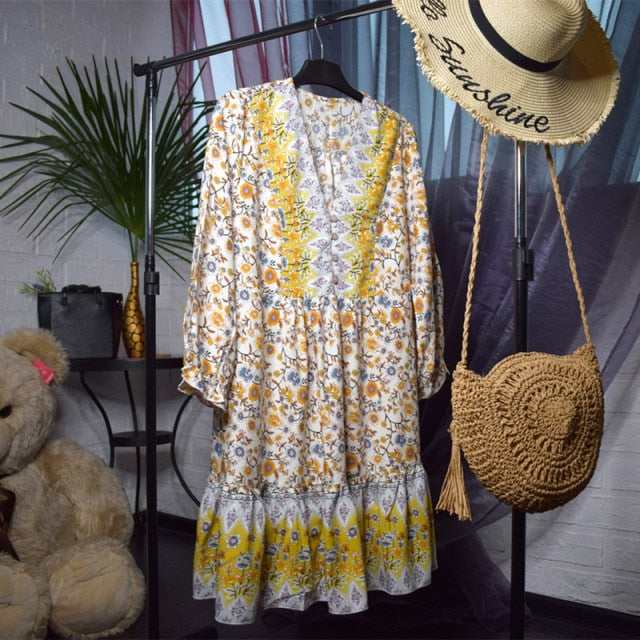 2021 Spring New Oversize Floral Print Dress Women Butterfly Sleeve V Neck Short Dress For Women Fashion Loose Summer Dress