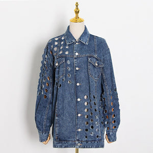 2021 Spring New Personalized Fashion Denim Hollow Hole Denim Coat Jeans Cropped Oversized Jean Jacket Women Gothic Clothes