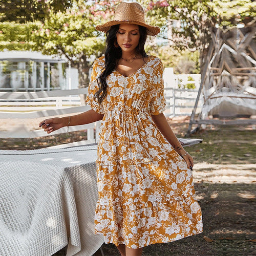 2021 Spring New Print Dress Women Casual Short Sleeve High Waist Lace Up Floral Dress For Women Sexy V Neck Summer Dress