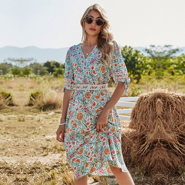 2021 Spring New Print Dress Women Casual V Neck High Waist Half Sleeve Floral Dress For Women Holiday Style Summer Dress