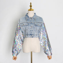 Load image into Gallery viewer, 2021 Spring New Sexy Fashion Sequin Jeans Woman Patchwork Jacket Women Splicing Short Coat Cropped Denim Top Gothic Clothes