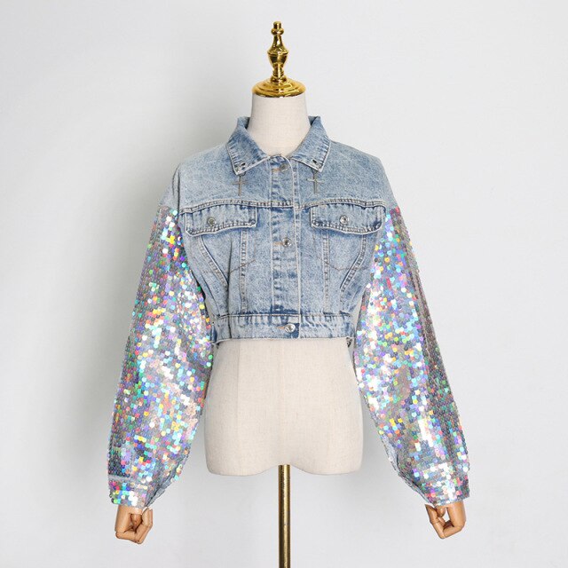 2021 Spring New Sexy Fashion Sequin Jeans Woman Patchwork Jacket Women Splicing Short Coat Cropped Denim Top Gothic Clothes