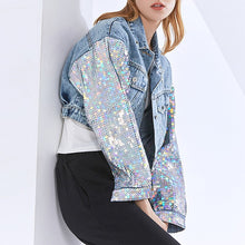 Load image into Gallery viewer, 2021 Spring New Sexy Fashion Sequin Jeans Woman Patchwork Jacket Women Splicing Short Coat Cropped Denim Top Gothic Clothes