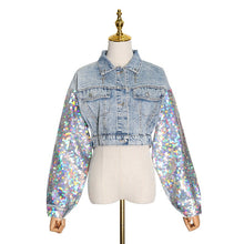 Load image into Gallery viewer, 2021 Spring New Sexy Fashion Sequin Jeans Woman Patchwork Jacket Women Splicing Short Coat Cropped Denim Top Gothic Clothes