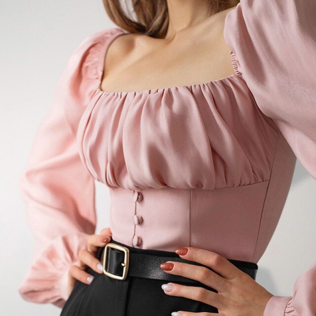 2021 Spring New Sexy Square Collar Top Women Casual Solid Color Full Sleeve Shirring Slim Ladies Button Short Pullover Tops