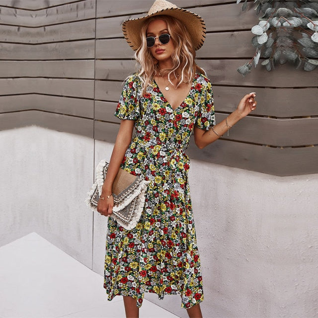2021 Spring New Short Sleeve Floral Dress Women Casual High Waist Sexy V Neck Print Dress For Woman Summer Knee Length Dress