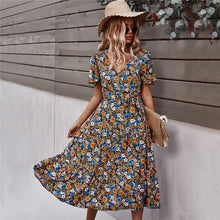 Load image into Gallery viewer, 2021 Spring New Short Sleeve Floral Dress Women Casual High Waist Sexy V Neck Print Dress For Woman Summer Knee Length Dress