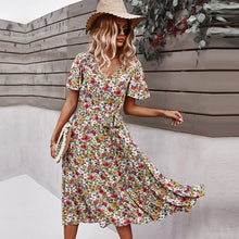 Load image into Gallery viewer, 2021 Spring New Short Sleeve Floral Dress Women Casual High Waist Sexy V Neck Print Dress For Woman Summer Knee Length Dress