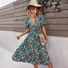 Load image into Gallery viewer, 2021 Spring New Short Sleeve Floral Dress Women Casual High Waist Sexy V Neck Print Dress For Woman Summer Knee Length Dress
