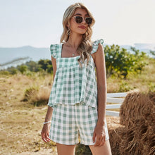 Load image into Gallery viewer, 2021 Spring New Sweet Plaid Set Women Ruffles Square Collar Tank Top for Women Cotton Short Sets Co-ords  Summer Two Piece Sets