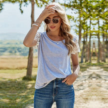Load image into Gallery viewer, 2021 Spring New T Shirt Women Casual O Neck Lace Short Sleeve Pullover Top Female Solid Color Summer T Shirt For Women Gray