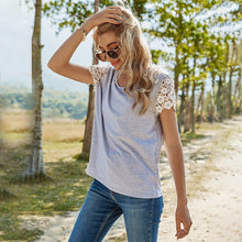 Load image into Gallery viewer, 2021 Spring New T Shirt Women Casual O Neck Lace Short Sleeve Pullover Top Female Solid Color Summer T Shirt For Women Gray