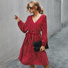 Load image into Gallery viewer, 2021 Spring New Vintage Striped Dress Women Casual V Neck Long Sleeve Sashes Dress Lady Elegant Fashion A-Line Midi Length Dress