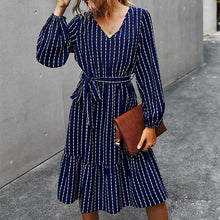 Load image into Gallery viewer, 2021 Spring New Vintage Striped Dress Women Casual V Neck Long Sleeve Sashes Dress Lady Elegant Fashion A-Line Midi Length Dress