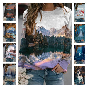 2021 Spring New Women's Landscape Printed Large Long Sleeve T-shirt Befree Harajuku Vintage Modis Tumblr Plus Size Tops Gothic