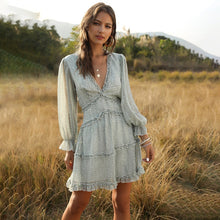 Load image into Gallery viewer, 2021 Spring New Women&#39;s Sexy Backless V-neck Cake Printed Dress Ladies Full Sleeve Ruffles Summer Dress