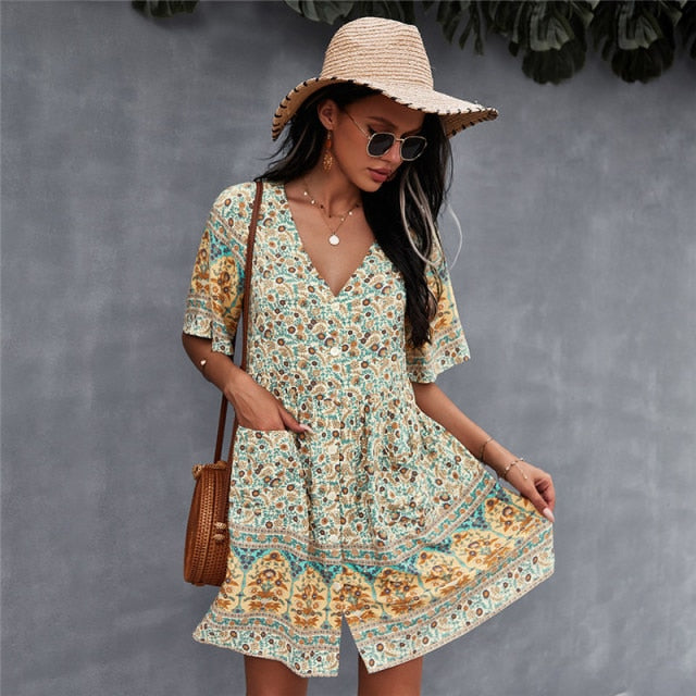 2021 Spring Print Short Dress Women Casual V Neck Bohemian Short Sleeve Dress For Woman Fashion Sexy Summer Dress