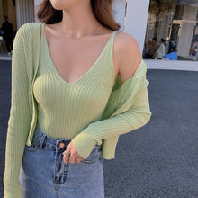 Load image into Gallery viewer, 2021 Spring Solid Color Knitted Suit Casual Fashion Single-Breasted Long-Sleeve Cardigan+Short Sling Vest Two-Piece Set Femme