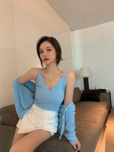 Load image into Gallery viewer, 2021 Spring Solid Color Knitted Suit Casual Fashion Single-Breasted Long-Sleeve Cardigan+Short Sling Vest Two-Piece Set Femme