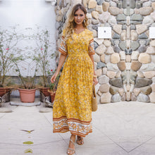 Load image into Gallery viewer, 2021 Spring Summer Beach Dress Women Casual V Neck Short Sleeve High Waist Pleated Print Long Dresses Ladies Yellow