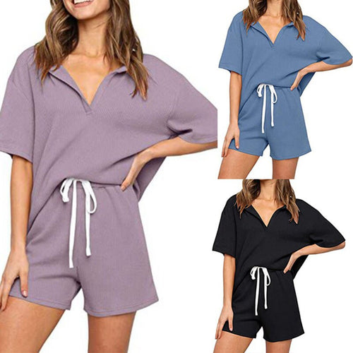 2021 Spring Summer Ladies Solid Color Streetwear/ Homewear Suit Short Sleeve T-shirt Top Bandage Shorts 2 Pcs Suit Outfit