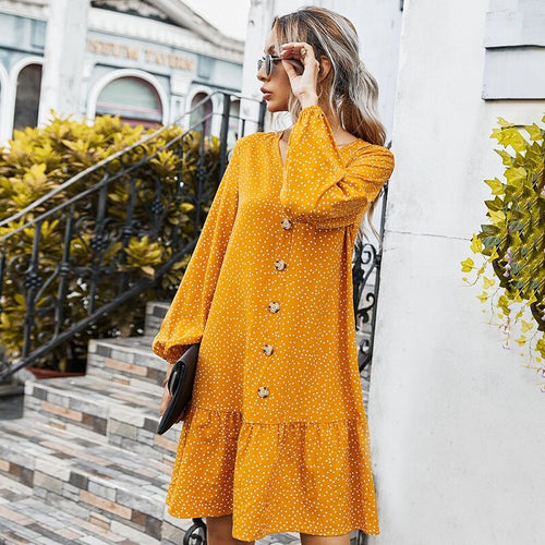 2021 Spring Summer New Dot Print Dresses Women Casual Loose V Neck Long Sleeve A-Line Dress Female Vintage Fashion Button Dress