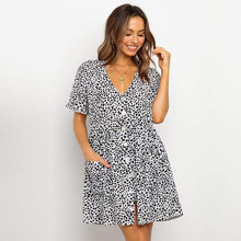 Load image into Gallery viewer, 2021 Spring Summer New Floral Short Dress Women V Neck  Single Breasted High Waist Print Ladies Slim Button Dot Dresses