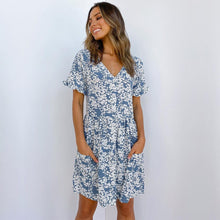 Load image into Gallery viewer, 2021 Spring Summer New Floral Short Dress Women V Neck  Single Breasted High Waist Print Ladies Slim Button Dot Dresses